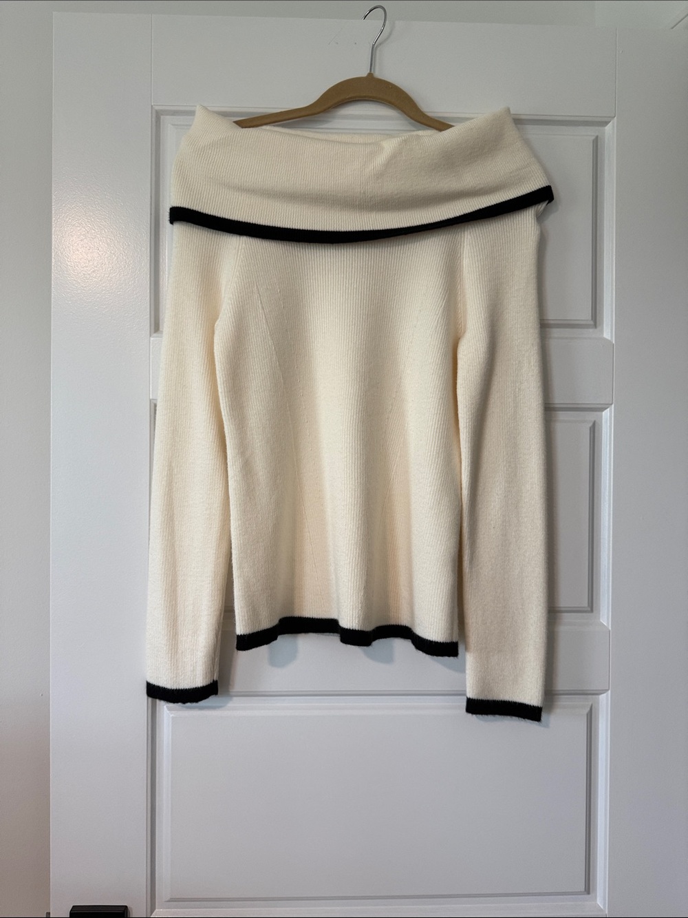 Cyrus Cream Off-the-Shoulder Sweater with Black Trim